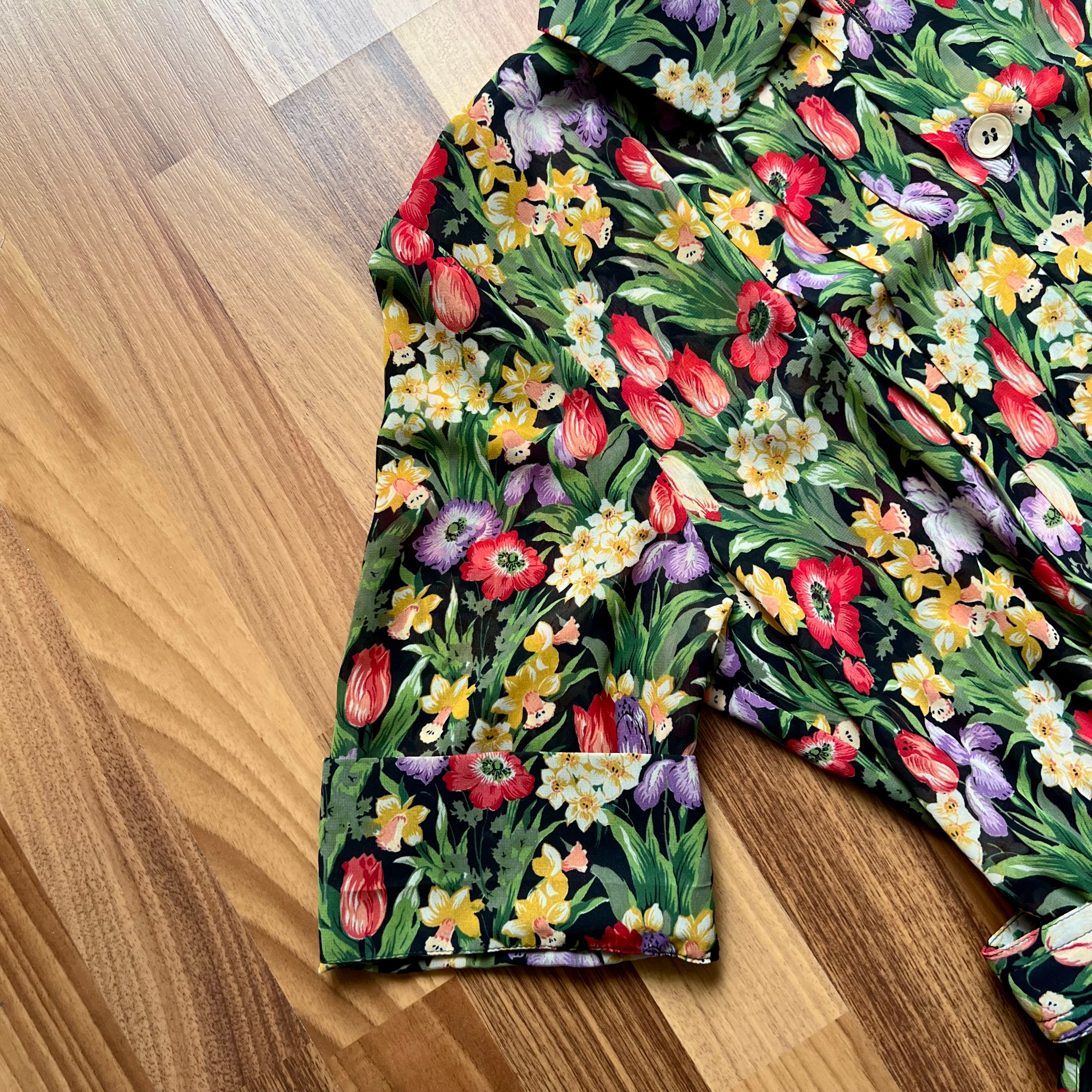 1980s JOBIS Floral Pleated Midi Dress-Cottagecore Belted Button Front Short Sleeves Dress EU 42