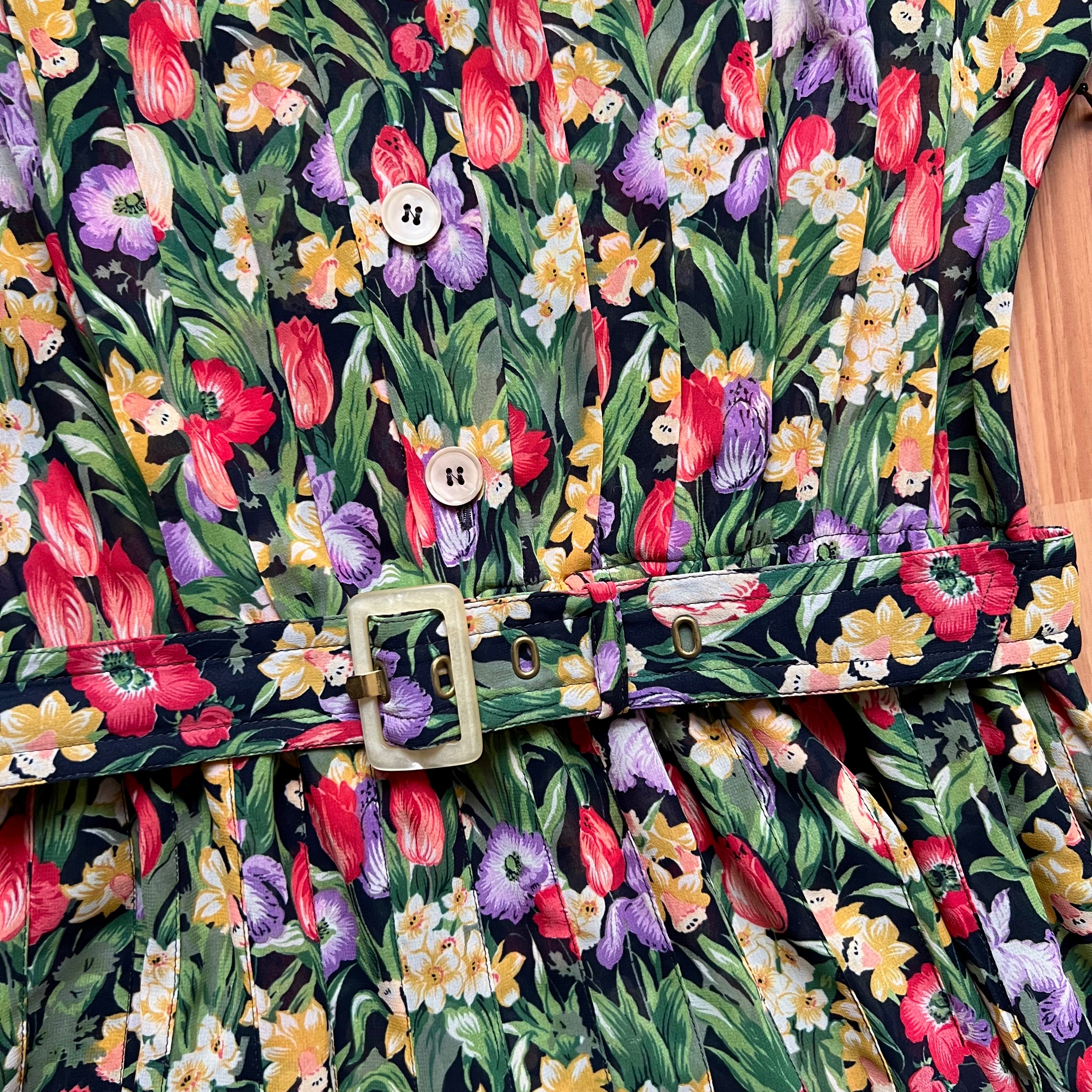 1980s JOBIS Floral Pleated Midi Dress-Cottagecore Belted Button Front Short Sleeves Dress EU 42