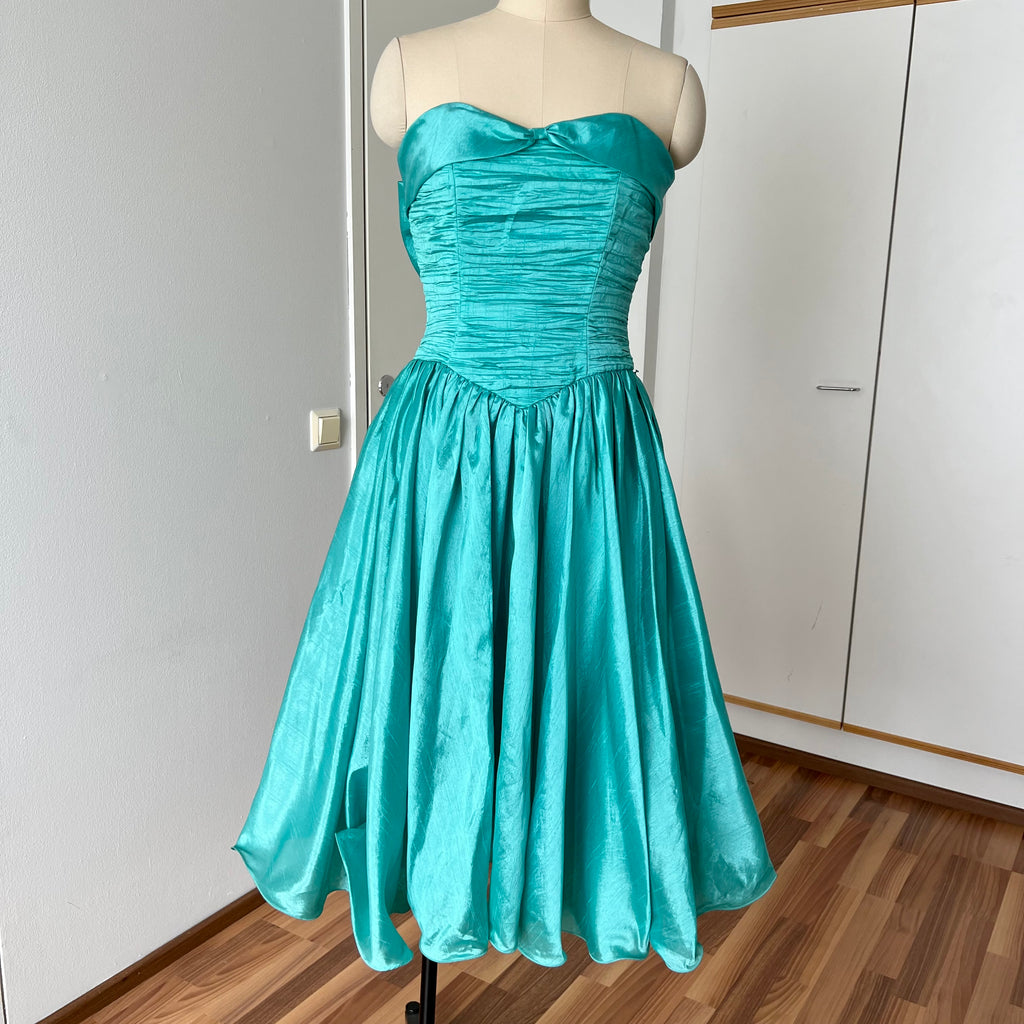 1980s Strapless Prom Party Dress-Ruched Bubble Hem Big Bow Taffeta Gown West Germany Vintage