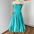 1980s Strapless Prom Party Dress-Ruched Bubble Hem Big Bow Taffeta Gown West Germany Vintage