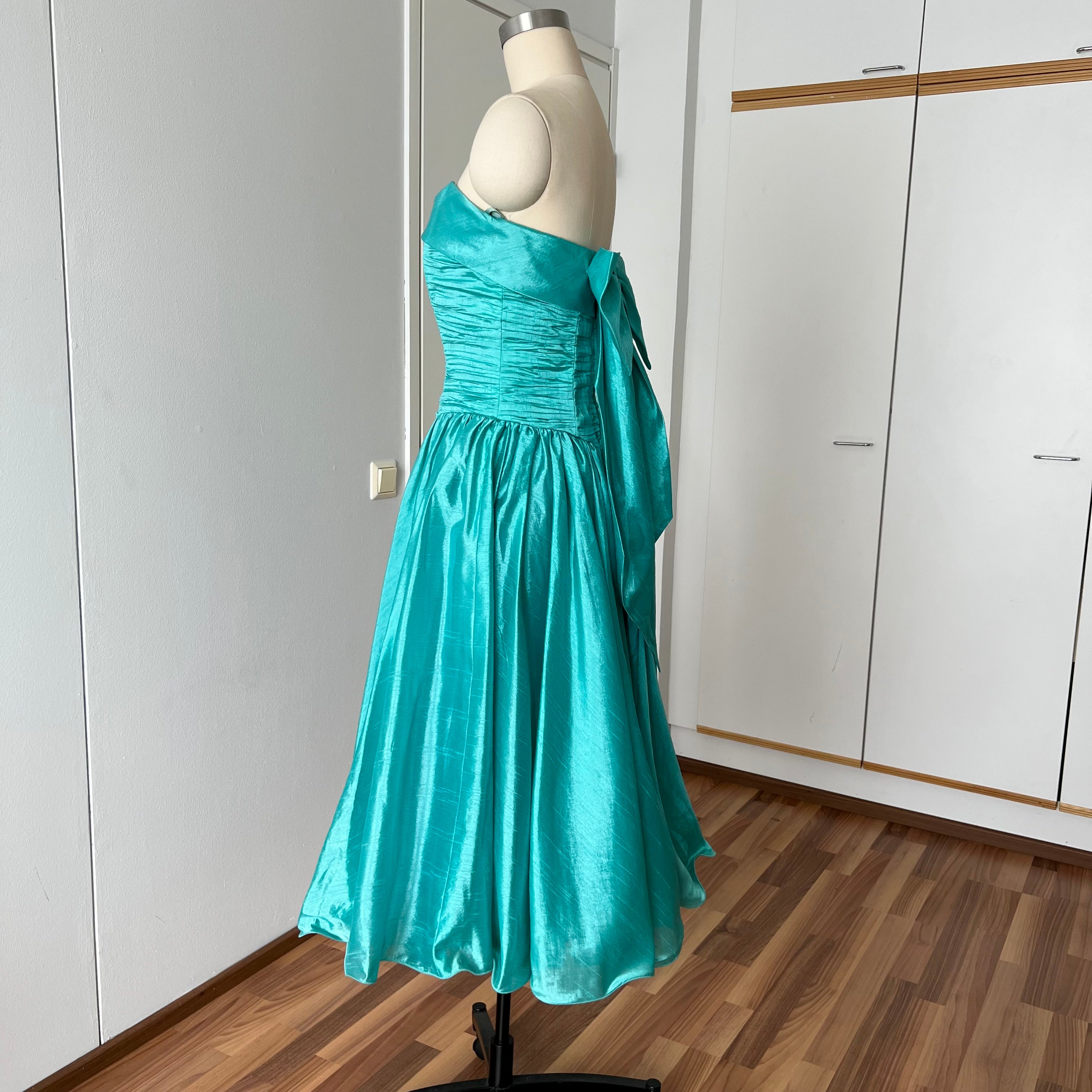 1980s Strapless Prom Party Dress-Ruched Bubble Hem Big Bow Taffeta Gown