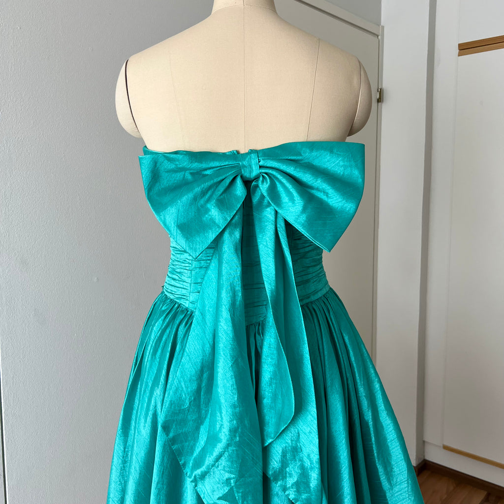 1980s Strapless Prom Party Dress-Ruched Bubble Hem Big Bow Taffeta Gown