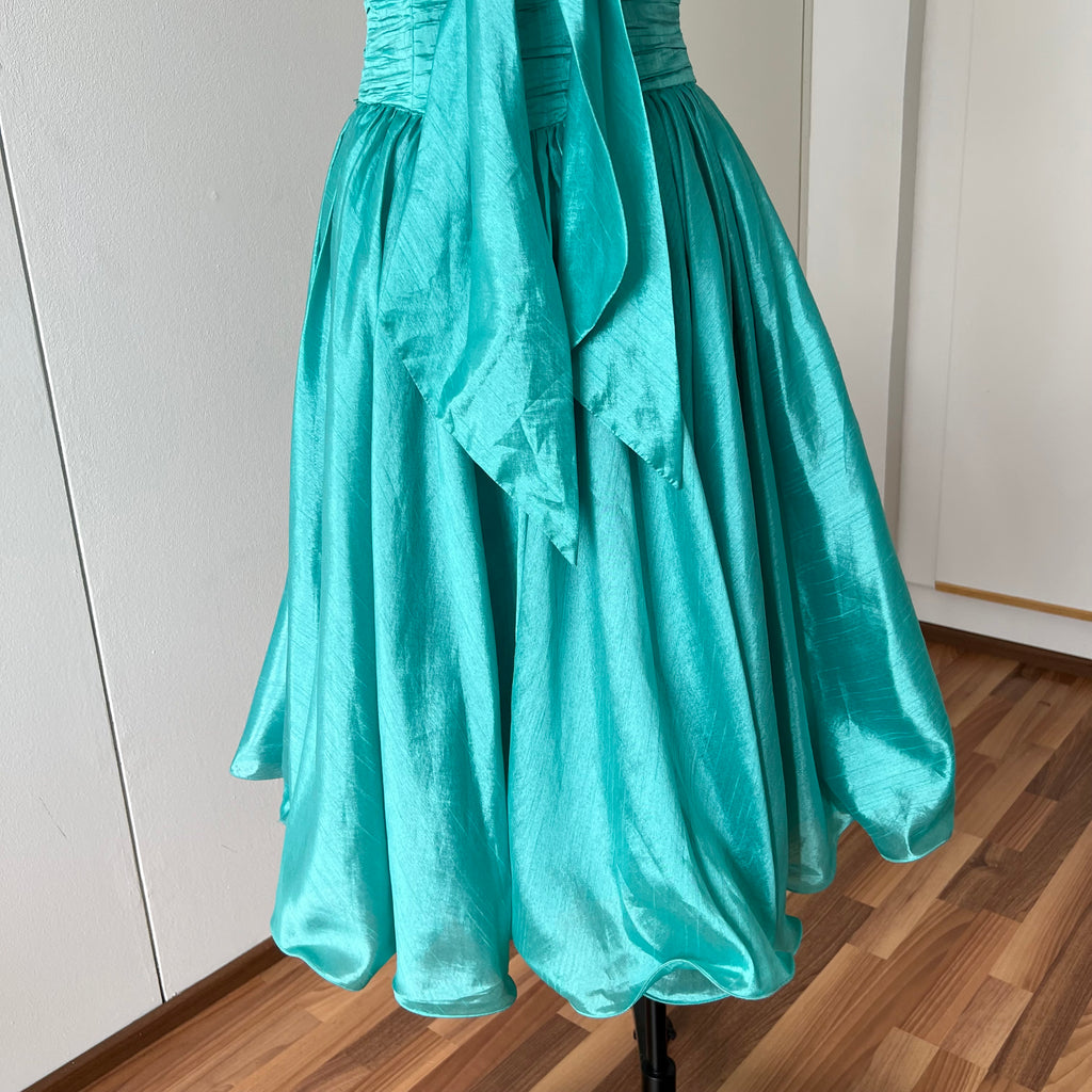 1980s Strapless Prom Party Dress-Ruched Bubble Hem Big Bow Taffeta Gown