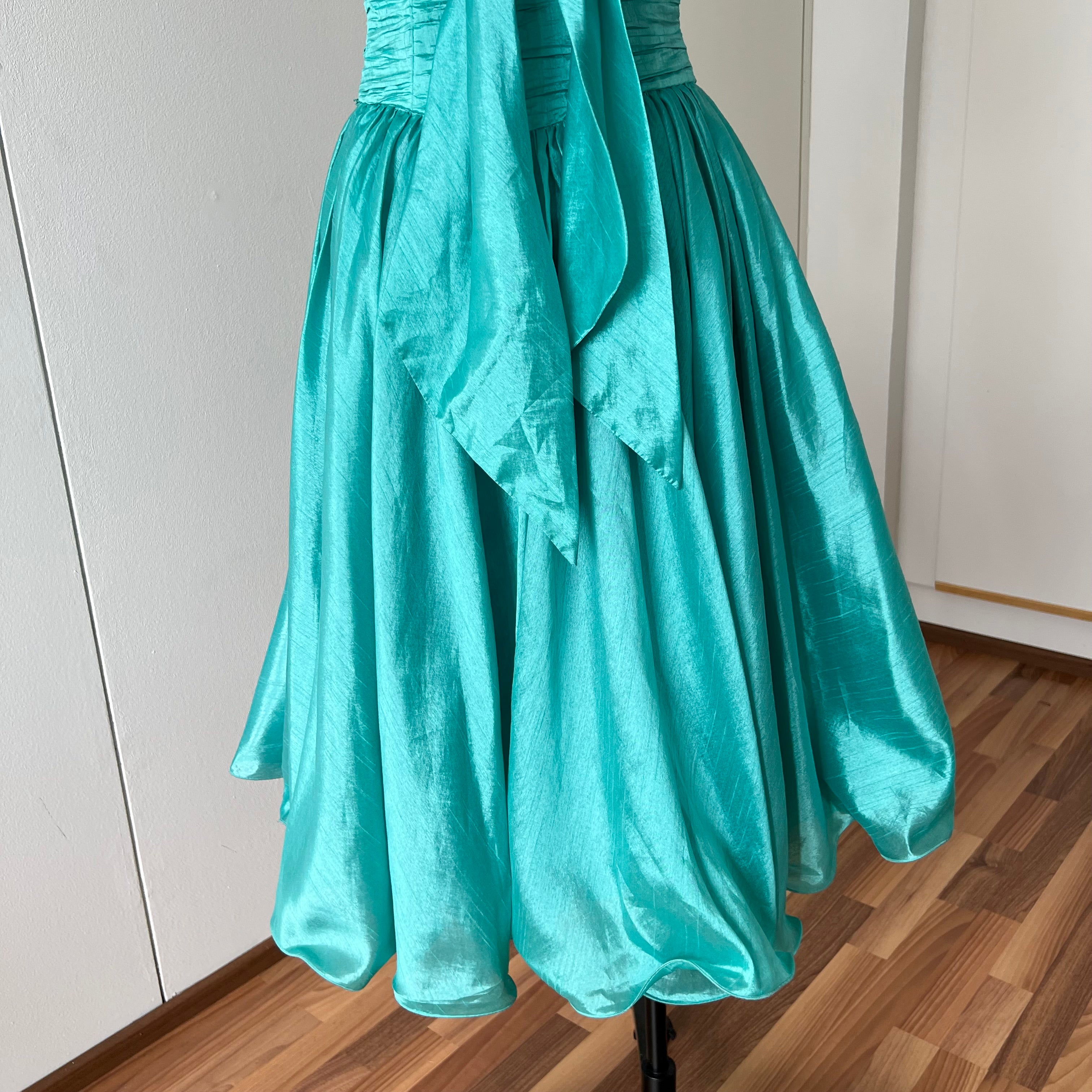 1980s Strapless Prom Party Dress-Ruched Bubble Hem Big Bow Taffeta Gown