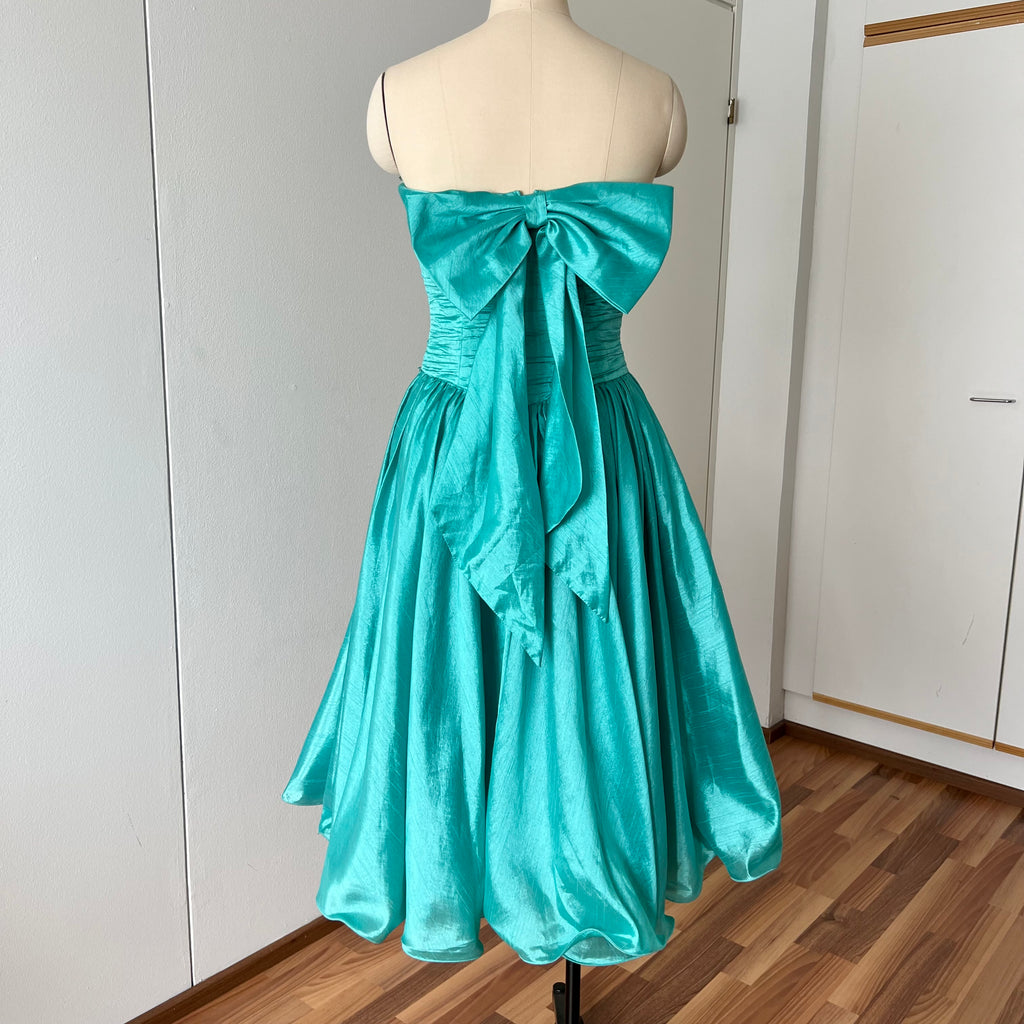 1980s Strapless Prom Party Dress-Ruched Bubble Hem Big Bow Taffeta Gown