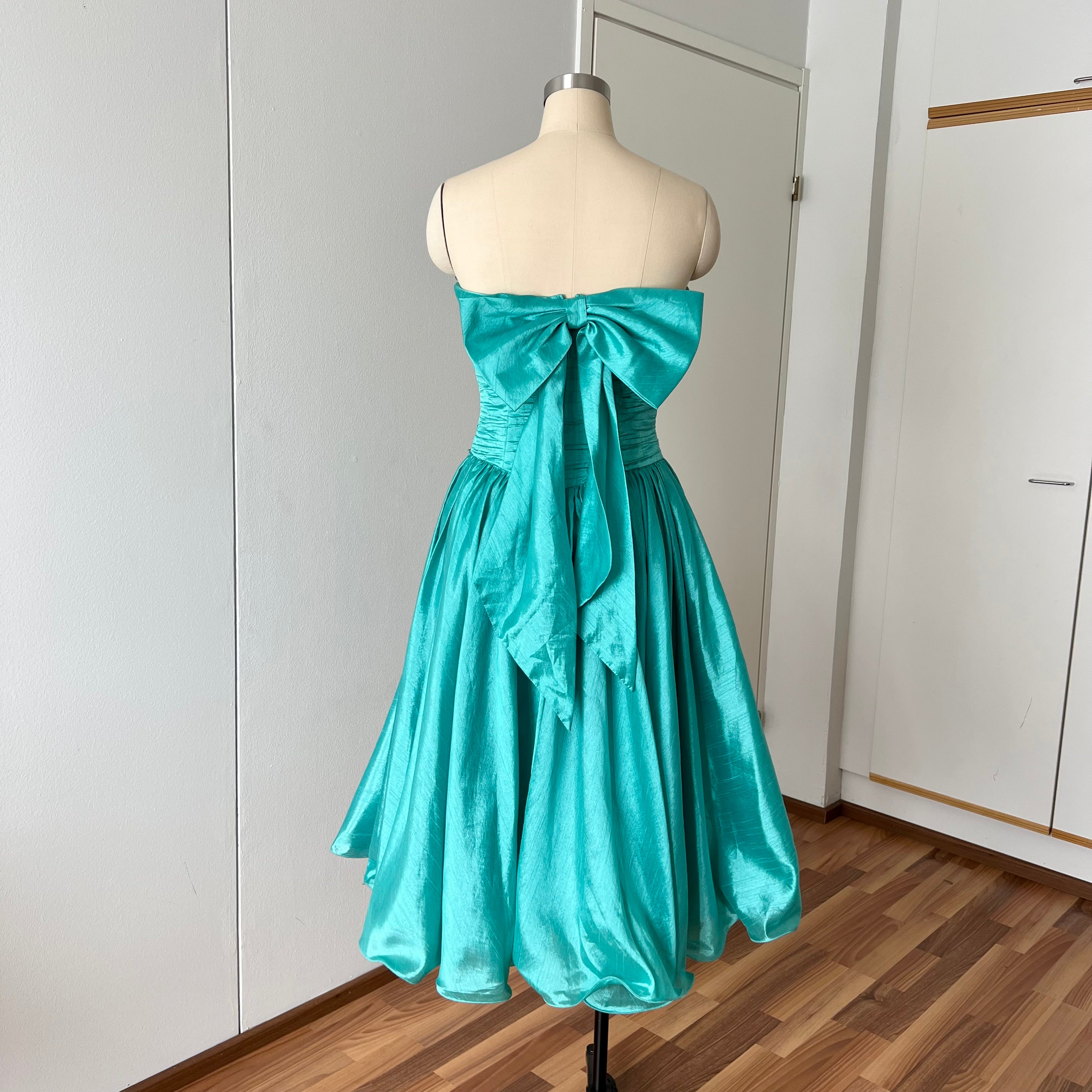 1980s Strapless Prom Party Dress-Ruched Bubble Hem Big Bow Taffeta Gown