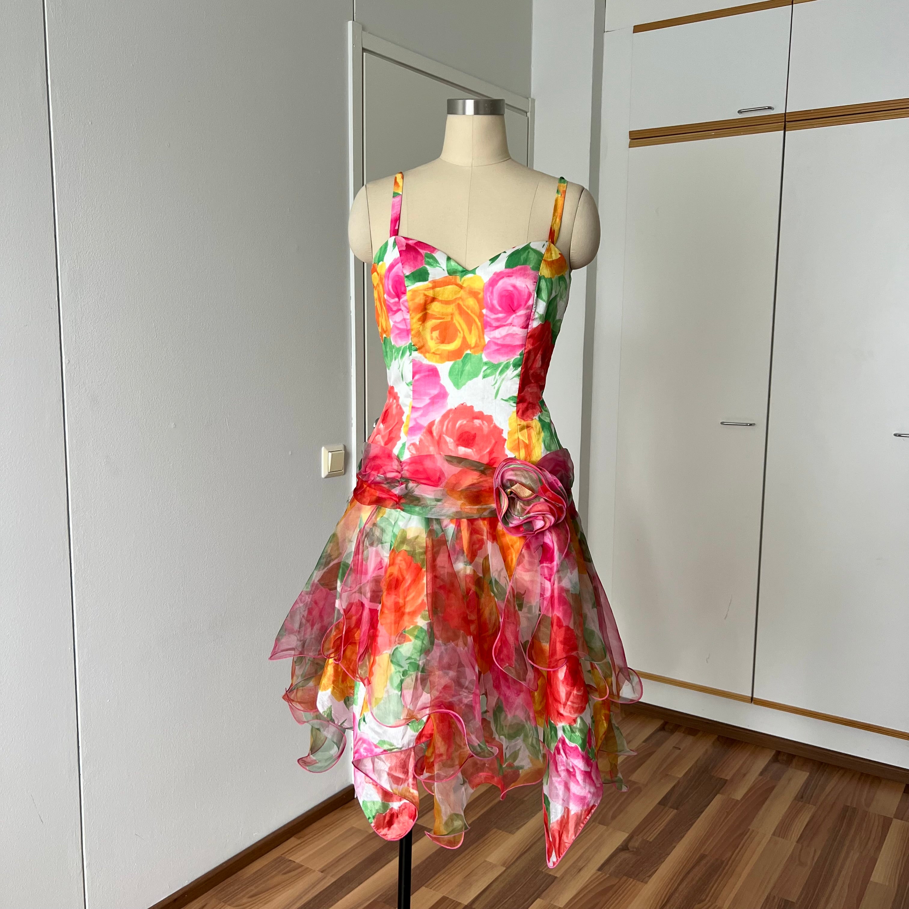 1980s VERA MONT Floral Cocktail Dress-Organza Ruffle Prom Party Gown EU 40