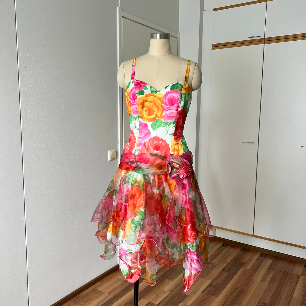1980s VERA MONT Floral Cocktail Dress-Organza Ruffle Prom Party Gown-West Germany Vintage EU 40