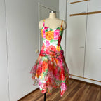 1980s VERA MONT Floral Cocktail Dress-Organza Ruffle Prom Party Gown-West Germany Vintage EU 40