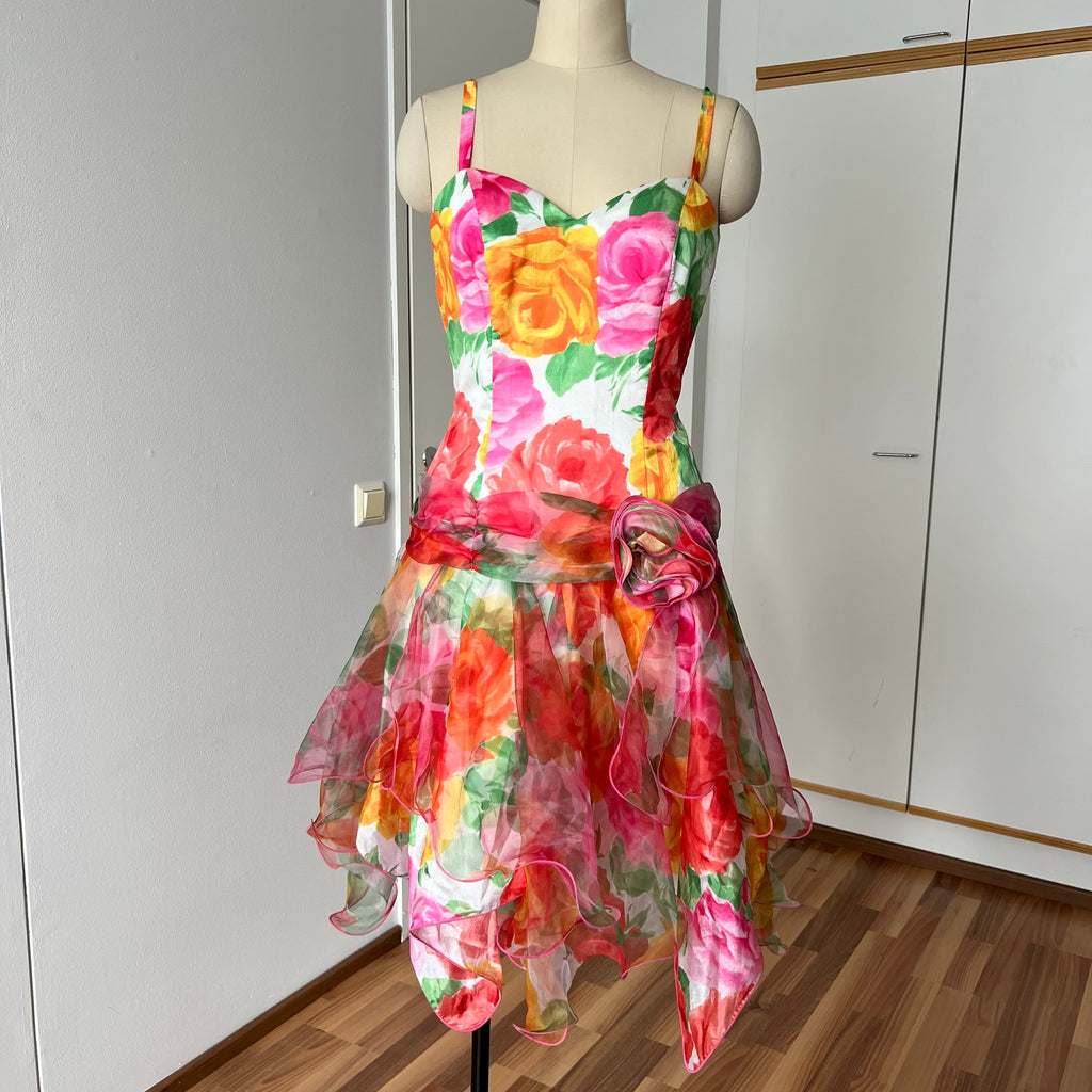 1980s VERA MONT Floral Cocktail Dress-Organza Ruffle Prom Party Gown-West Germany Vintage EU 40