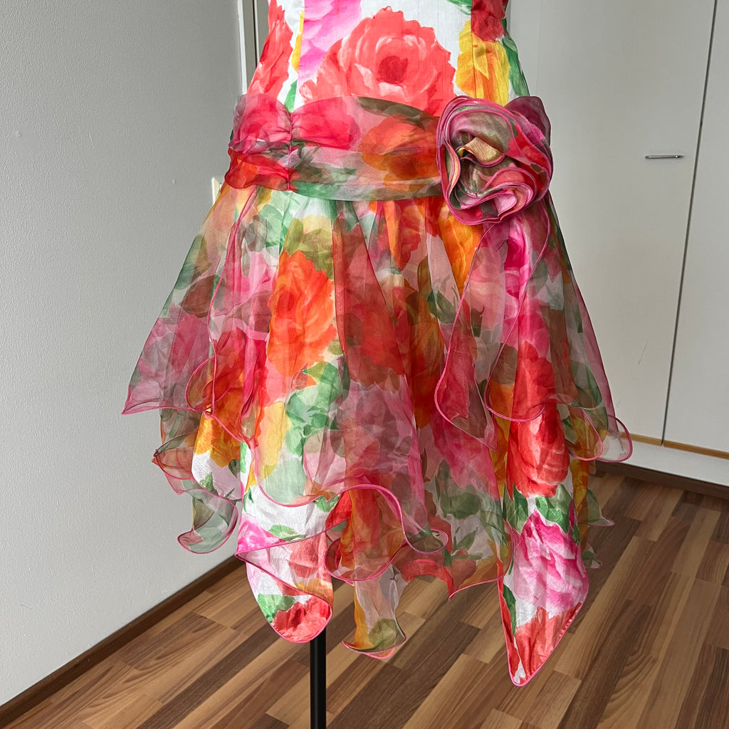 1980s VERA MONT Floral Cocktail Dress-Organza Ruffle Prom Party Gown EU 40