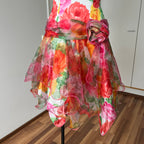 1980s VERA MONT Floral Cocktail Dress-Organza Ruffle Prom Party Gown EU 40