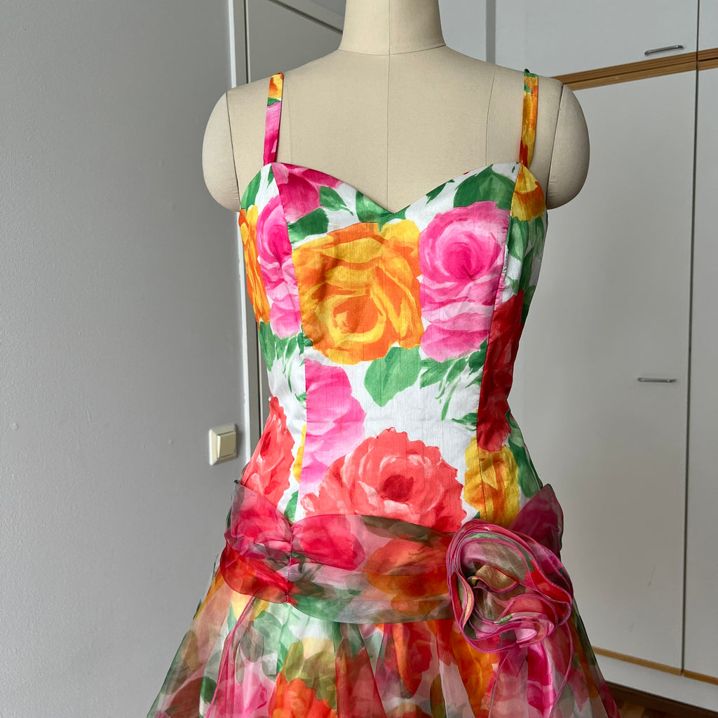 1980s VERA MONT Floral Cocktail Dress-Organza Ruffle Prom Party Gown EU 40