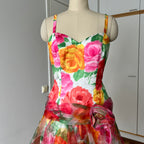 1980s VERA MONT Floral Cocktail Dress-Organza Ruffle Prom Party Gown EU 40