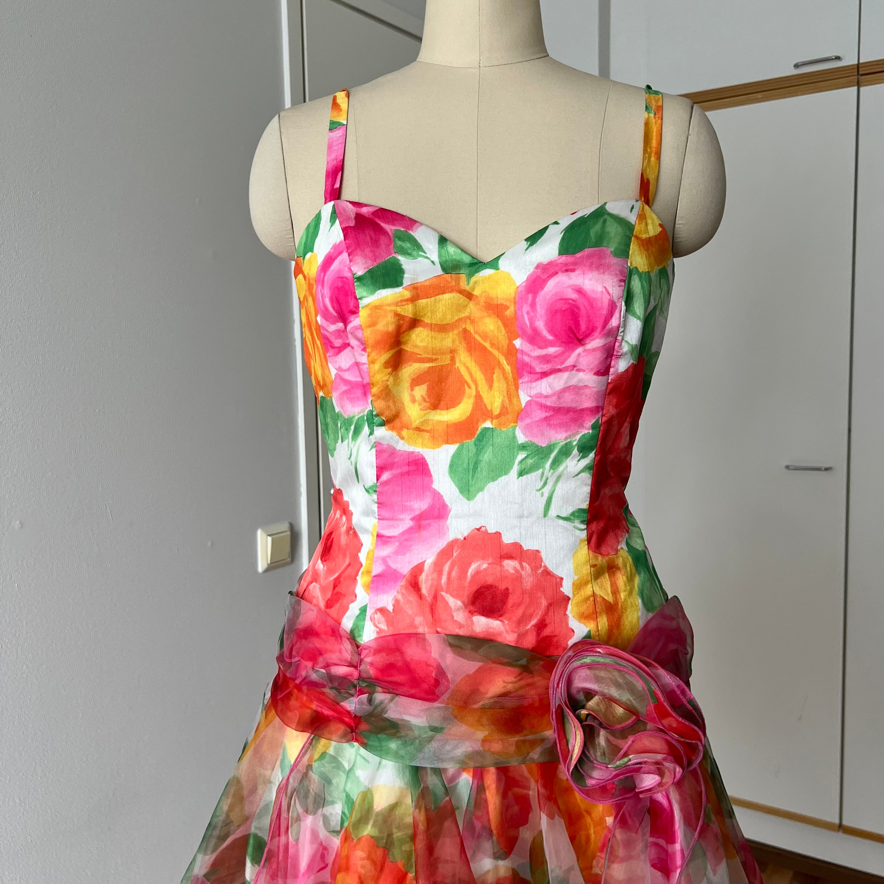 1980s VERA MONT Floral Cocktail Dress-Organza Ruffle Prom Party Gown EU 40