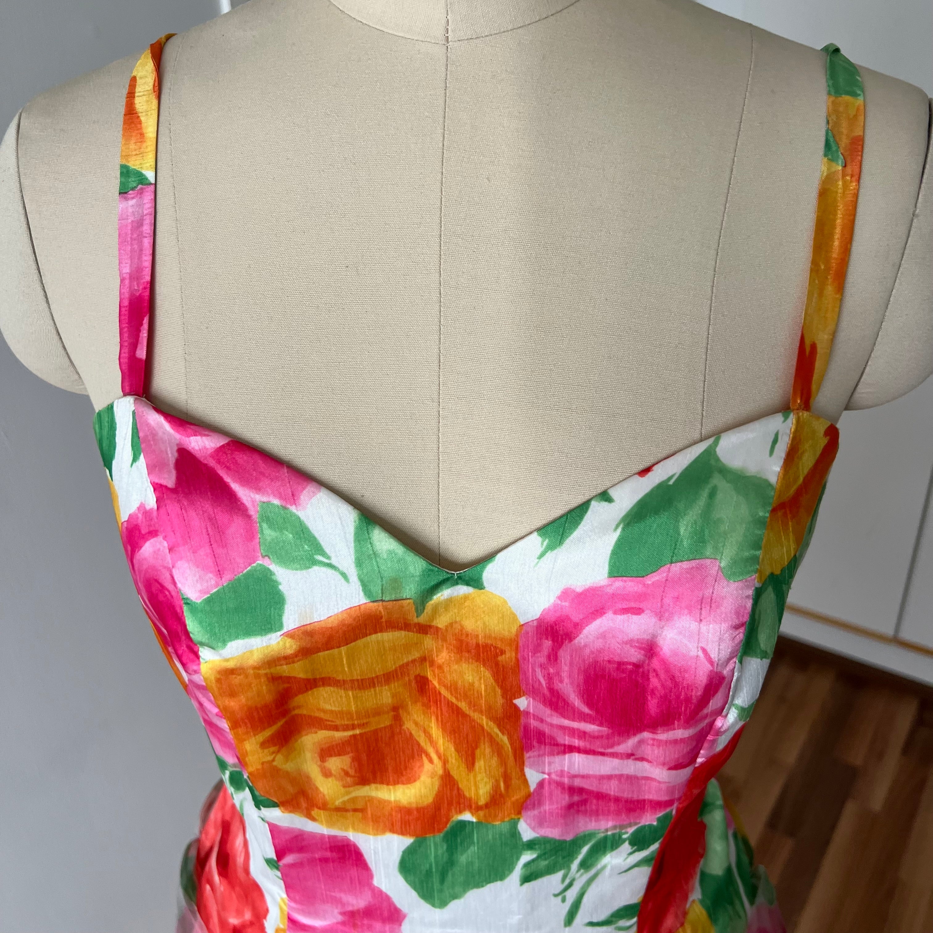 1980s VERA MONT Floral Cocktail Dress-Organza Ruffle Prom Party Gown EU 40