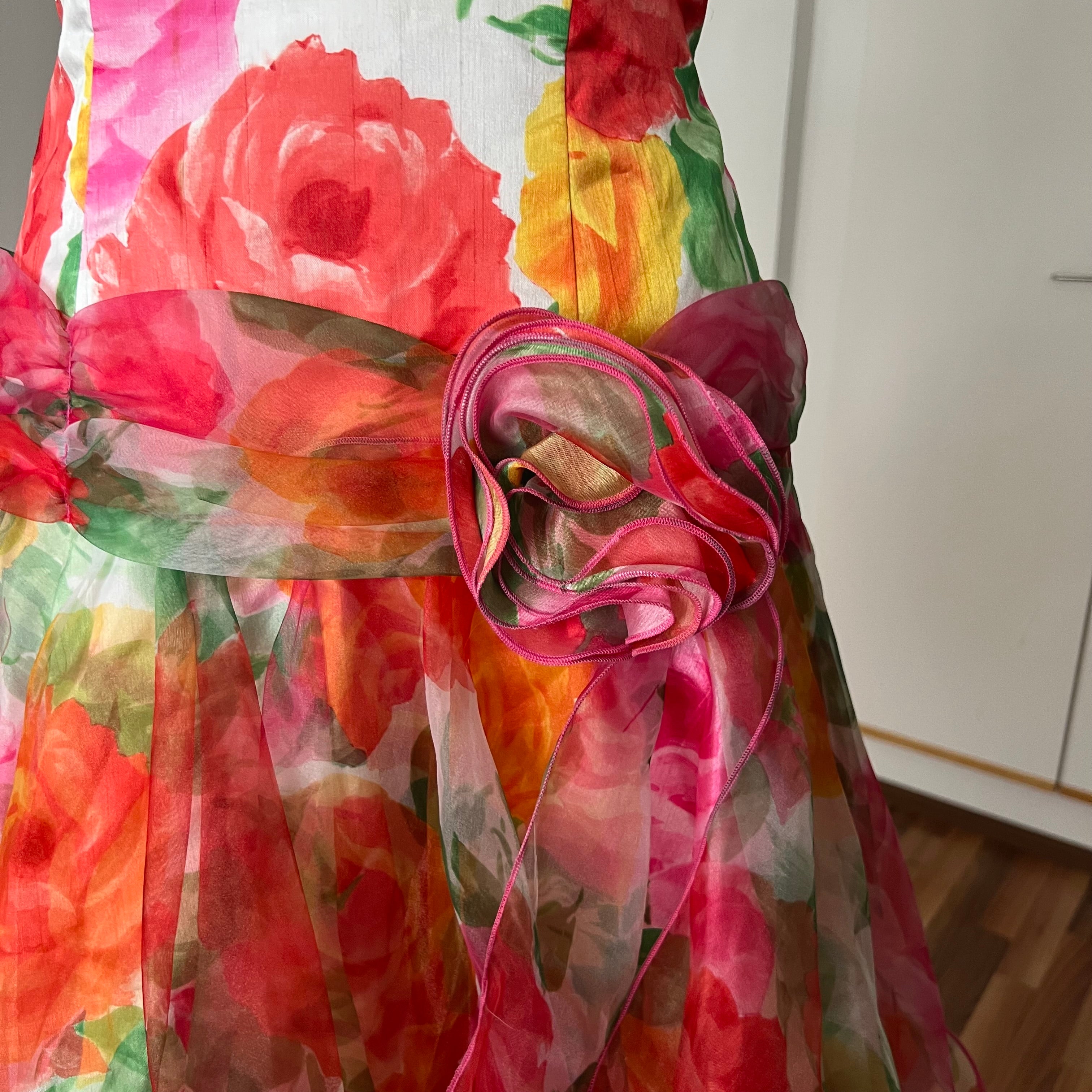 1980s VERA MONT Floral Cocktail Dress-Organza Ruffle Prom Party Gown EU 40