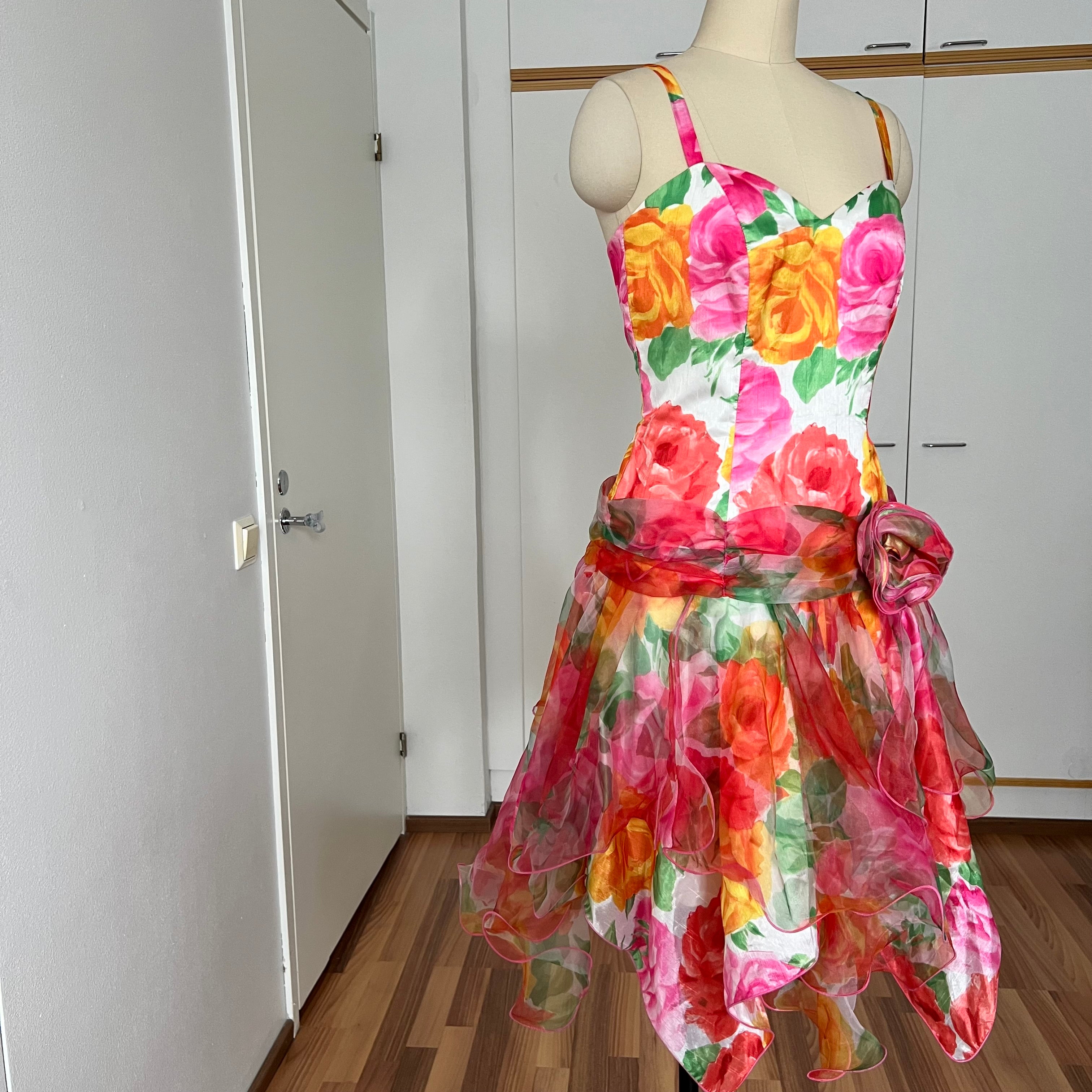 1980s VERA MONT Floral Cocktail Dress-Organza Ruffle Prom Party Gown EU 40
