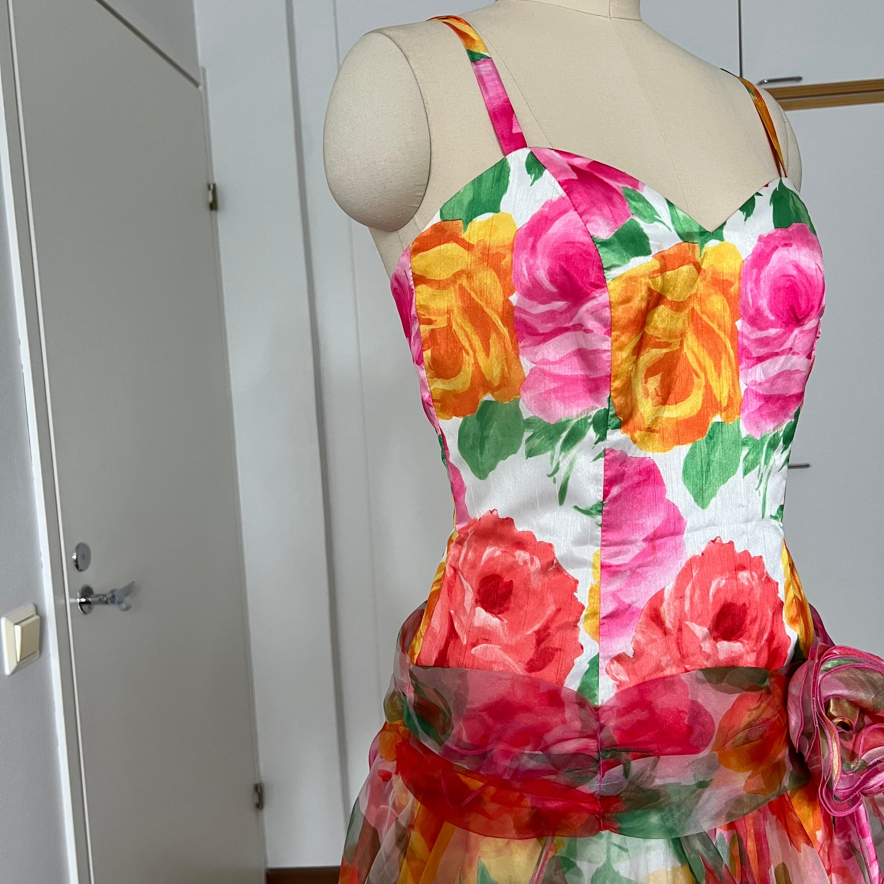 1980s VERA MONT Floral Cocktail Dress-Organza Ruffle Prom Party Gown EU 40
