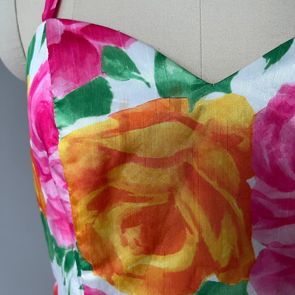 1980s VERA MONT Floral Cocktail Dress-Organza Ruffle Prom Party Gown EU 40