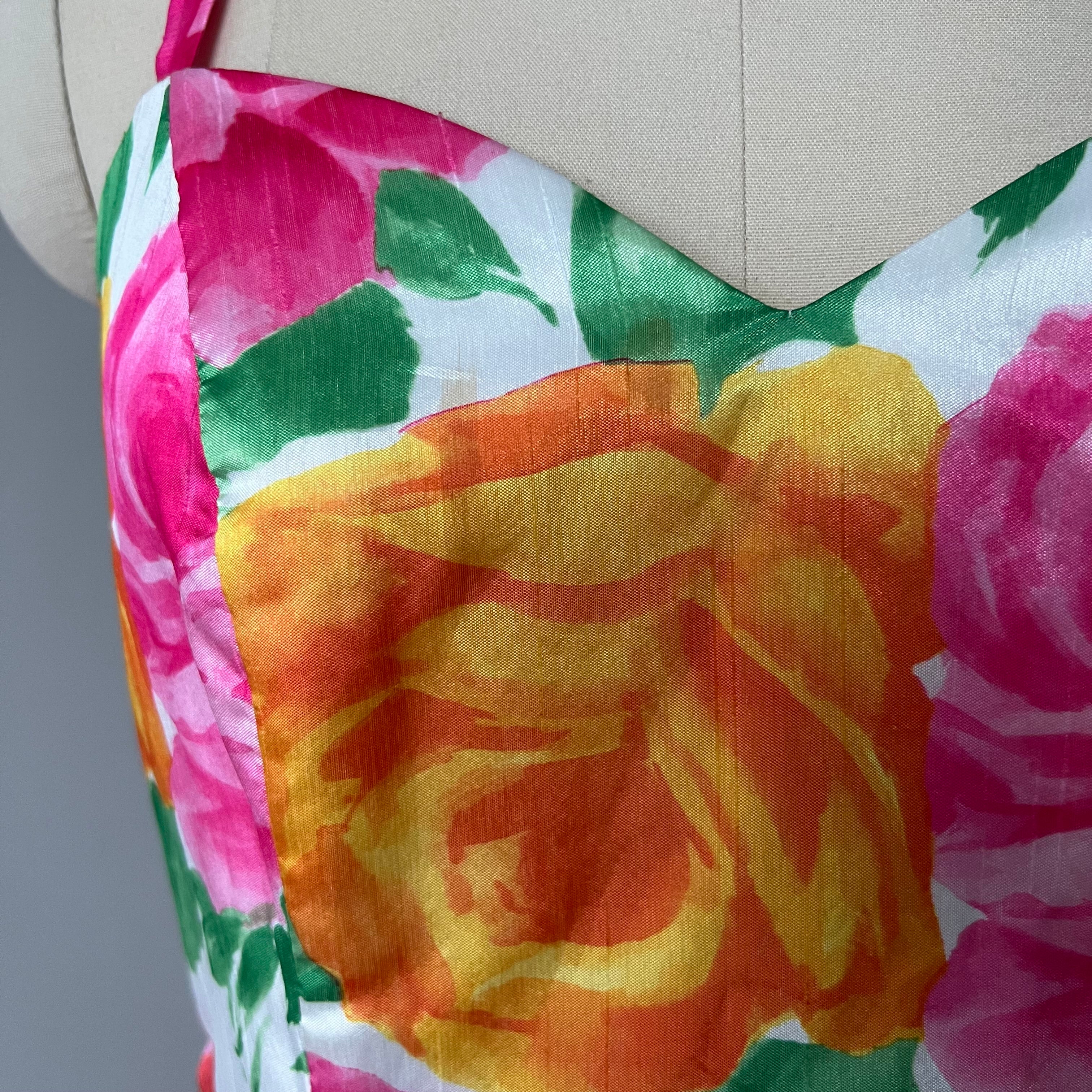 1980s VERA MONT Floral Cocktail Dress-Organza Ruffle Prom Party Gown EU 40