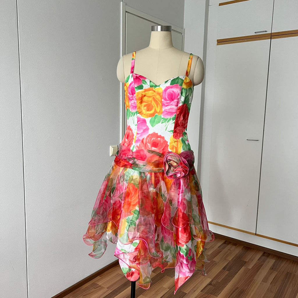 1980s VERA MONT Floral Cocktail Dress-Organza Ruffle Prom Party Gown EU 40
