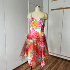 1980s VERA MONT Floral Cocktail Dress-Organza Ruffle Prom Party Gown EU 40