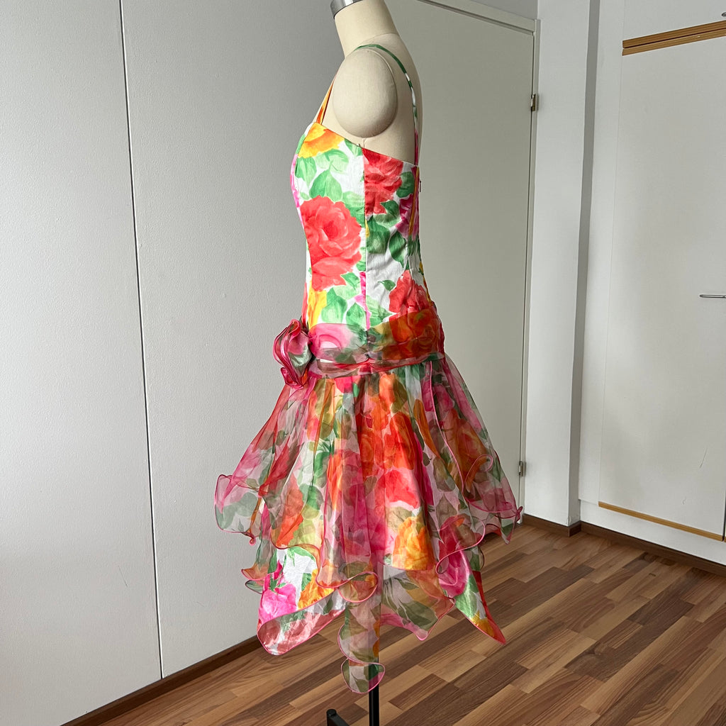1980s VERA MONT Floral Cocktail Dress-Organza Ruffle Prom Party Gown EU 40