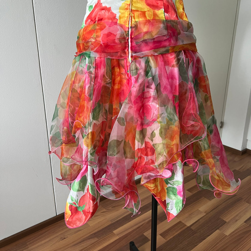 1980s VERA MONT Floral Cocktail Dress-Organza Ruffle Prom Party Gown EU 40