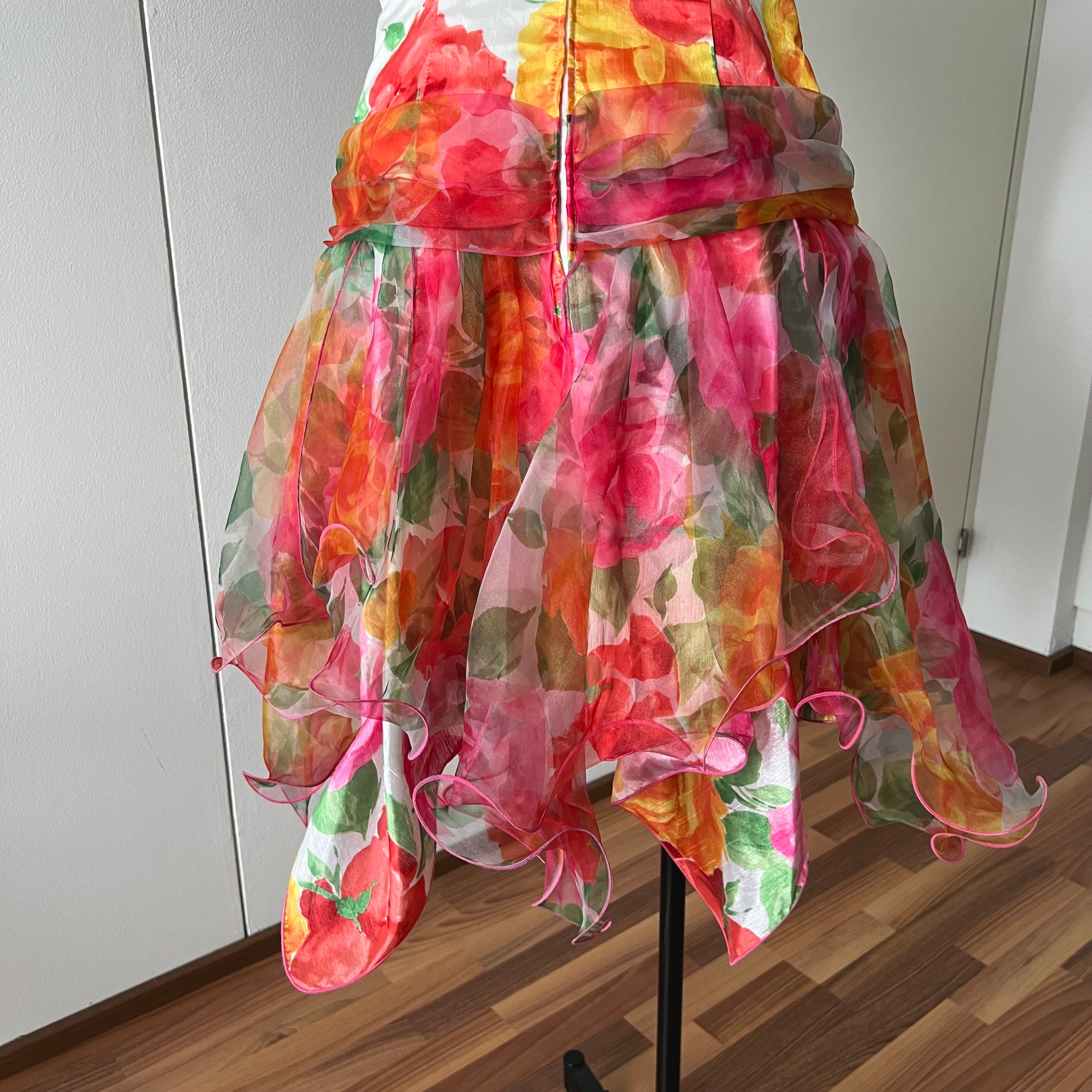 1980s VERA MONT Floral Cocktail Dress-Organza Ruffle Prom Party Gown EU 40
