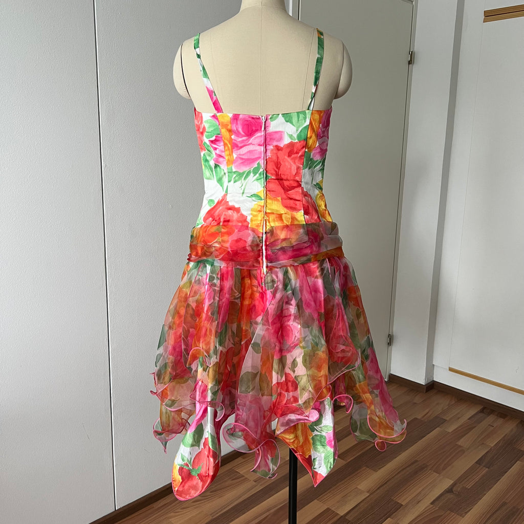 1980s VERA MONT Floral Cocktail Dress-Organza Ruffle Prom Party Gown EU 40