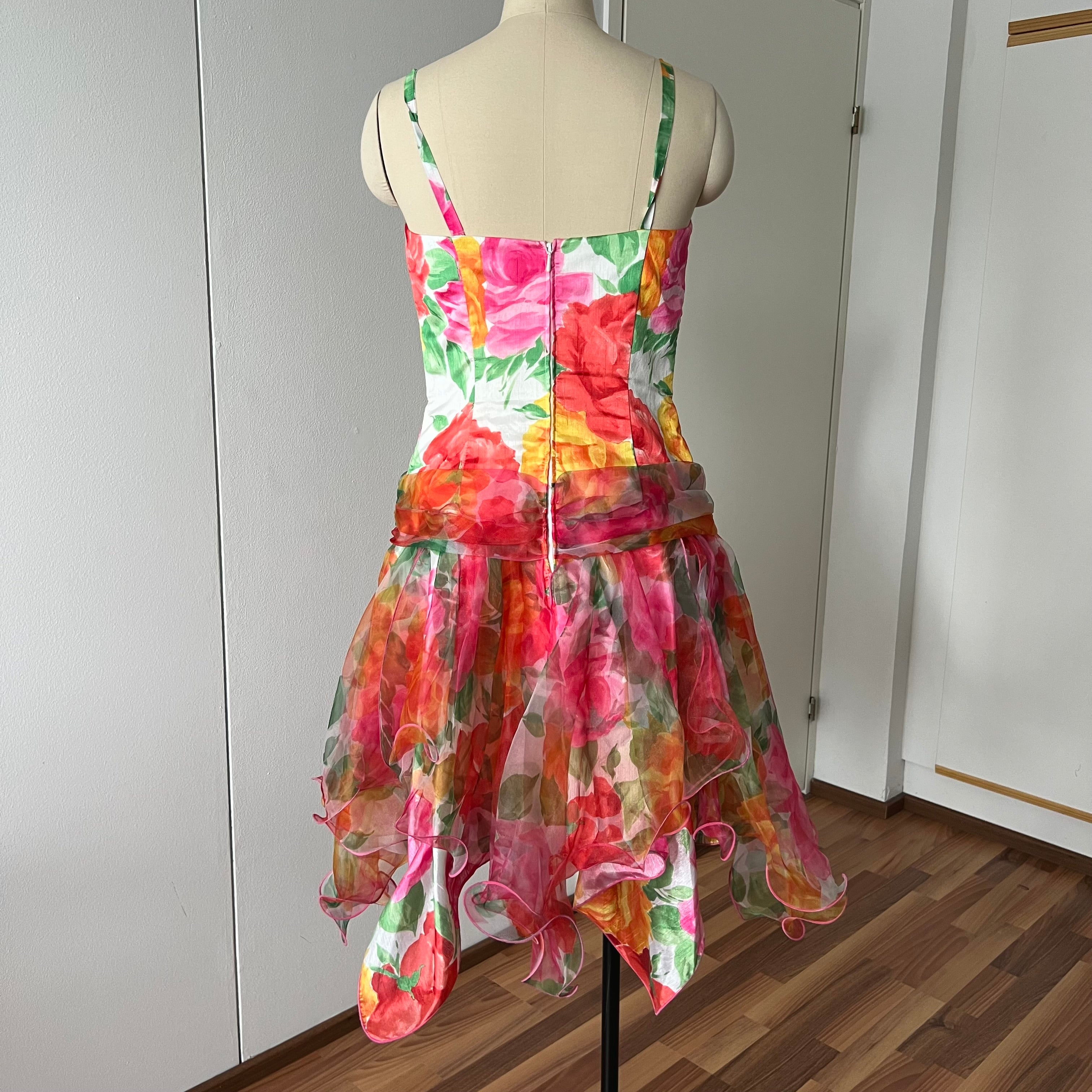1980s VERA MONT Floral Cocktail Dress-Organza Ruffle Prom Party Gown EU 40