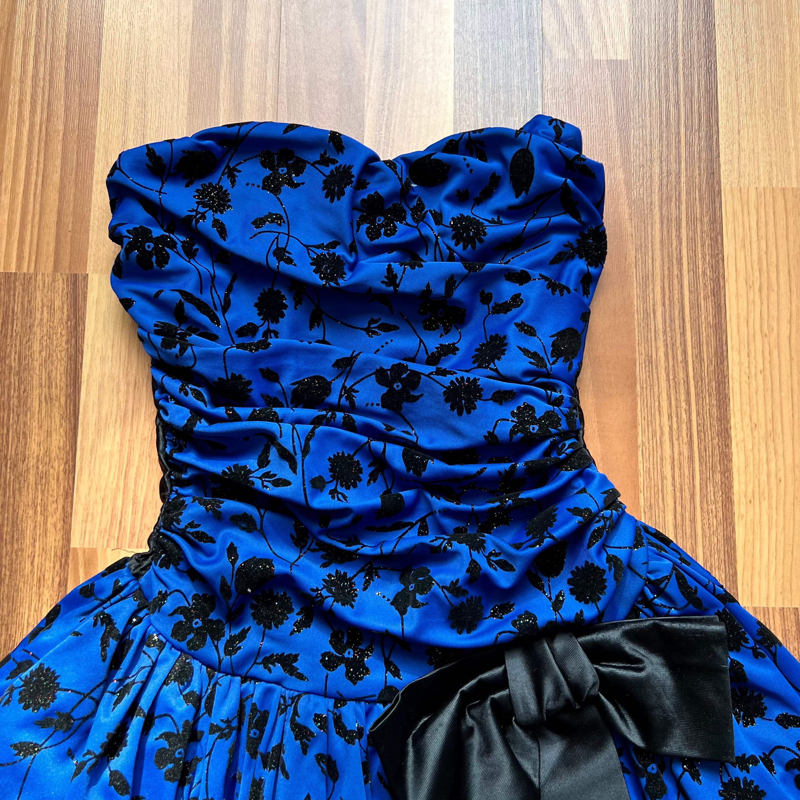 1980s Vintage Blue Floral Party Dress-Strapless Cocktail Mini Dress-Bubble Hem Prom Gown