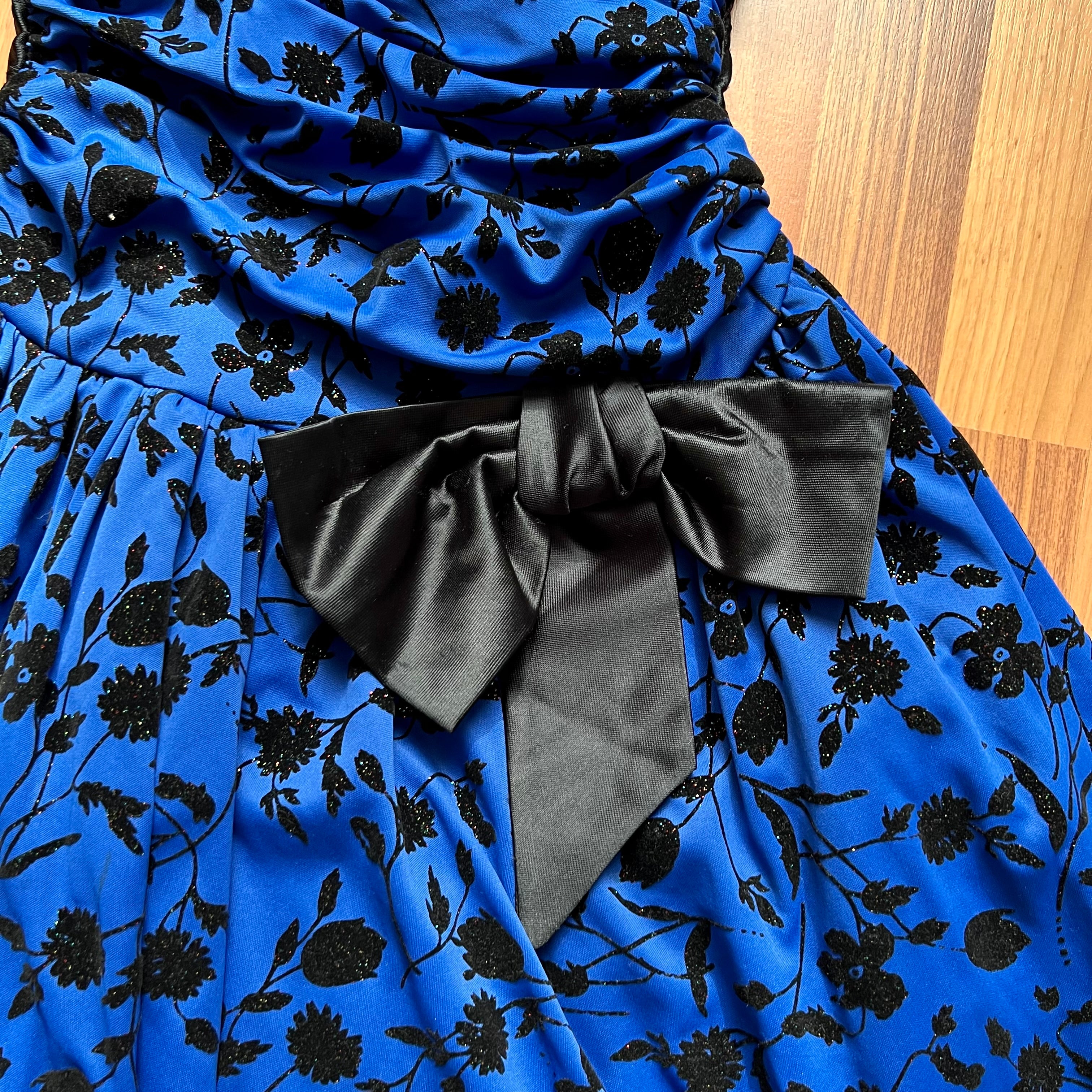 1980s Vintage Blue Floral Party Dress-Strapless Cocktail Mini Dress-Bubble Hem Prom Gown