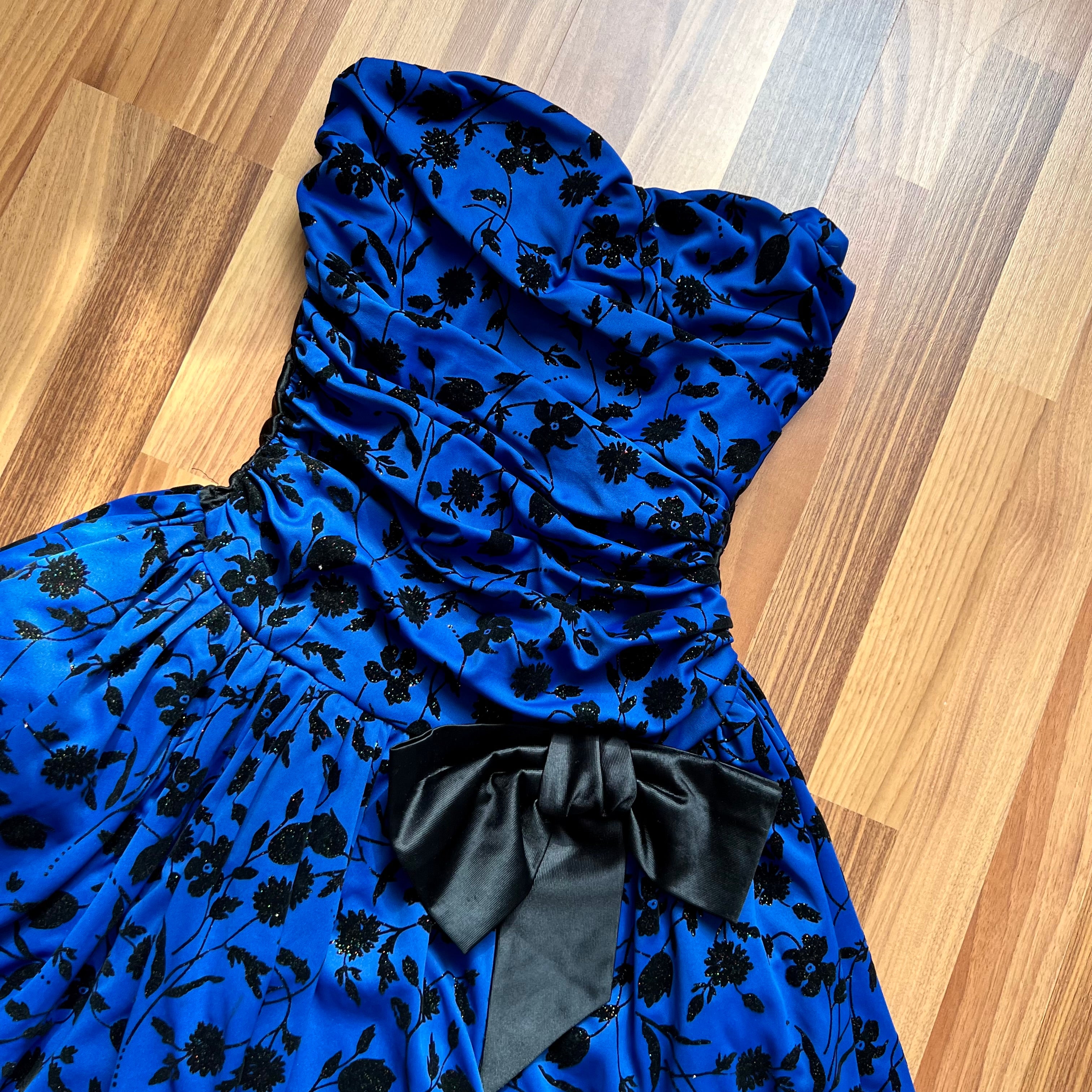 1980s Vintage Blue Floral Party Dress-Strapless Cocktail Mini Dress-Bubble Hem Prom Gown