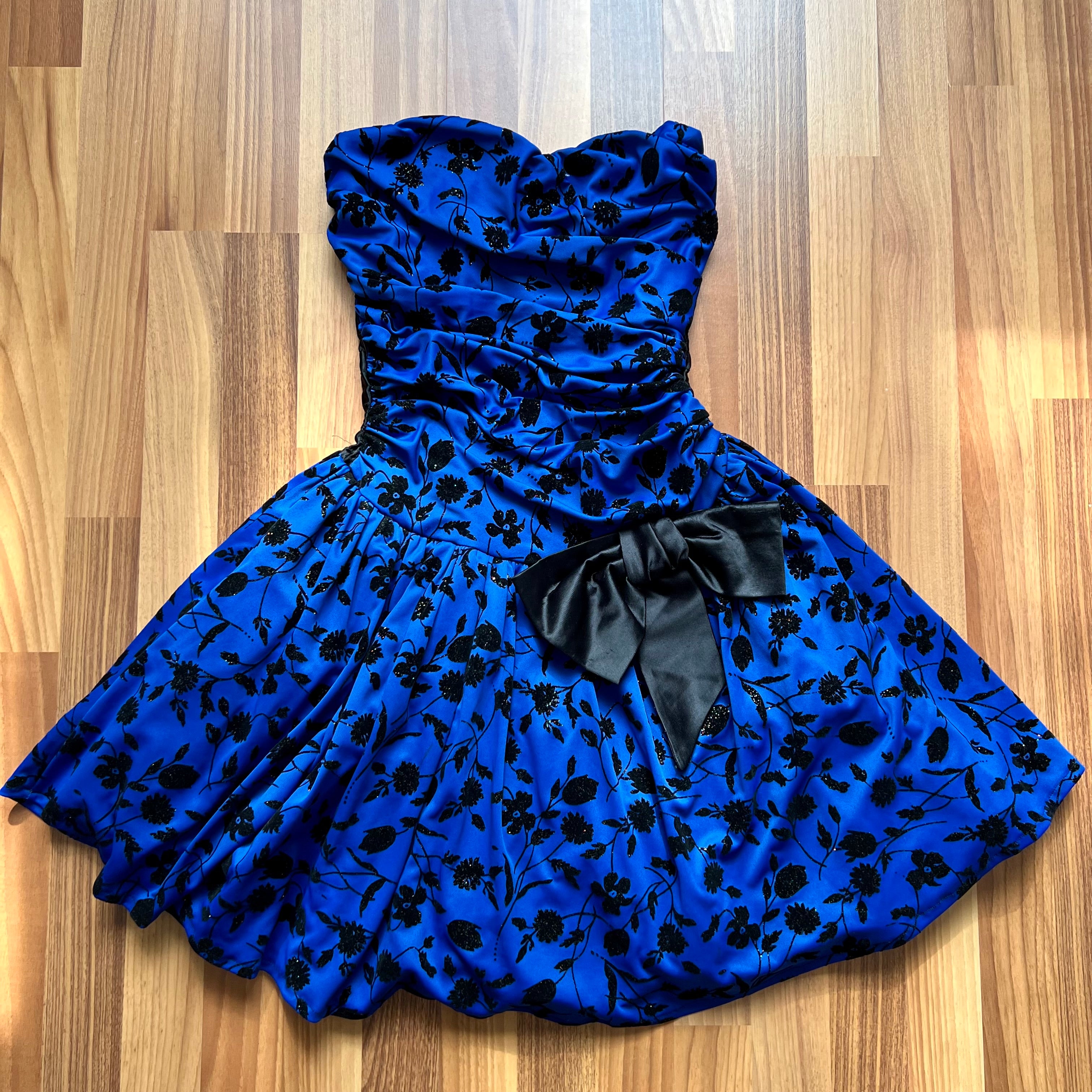 1980s Vintage Blue Floral Party Dress-Strapless Cocktail Mini Dress-Bubble Hem Prom Gown