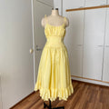 1980s Yellow Romantic Milkmaid Dress-Basque Waist Eyelet Ruffle Cocktail Dress