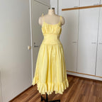 1980s Yellow Romantic Milkmaid Dress-Basque Waist Eyelet Ruffle Cocktail Dress