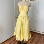 1980s Yellow Romantic Milkmaid Dress-Basque Waist Eyelet Ruffle Cocktail Dress