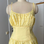1980s Yellow Romantic Milkmaid Dress-Basque Waist Eyelet Ruffle Cocktail Dress