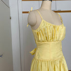 1980s Yellow Romantic Milkmaid Dress-Basque Waist Eyelet Ruffle Cocktail Dress