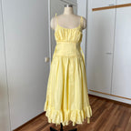 1980s Yellow Romantic Milkmaid Dress-Basque Waist Eyelet Ruffle Cocktail Dress
