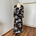 1970s Psychedelic Floral Maxi Dress-Black Vintage Peplum Waist Long Sleeves Dress