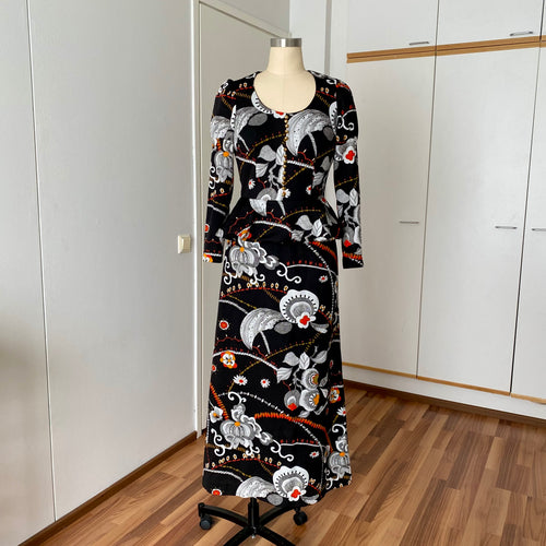 1970s Psychedelic Floral Maxi Dress-Black Vintage Peplum Waist Long Sleeves Dress