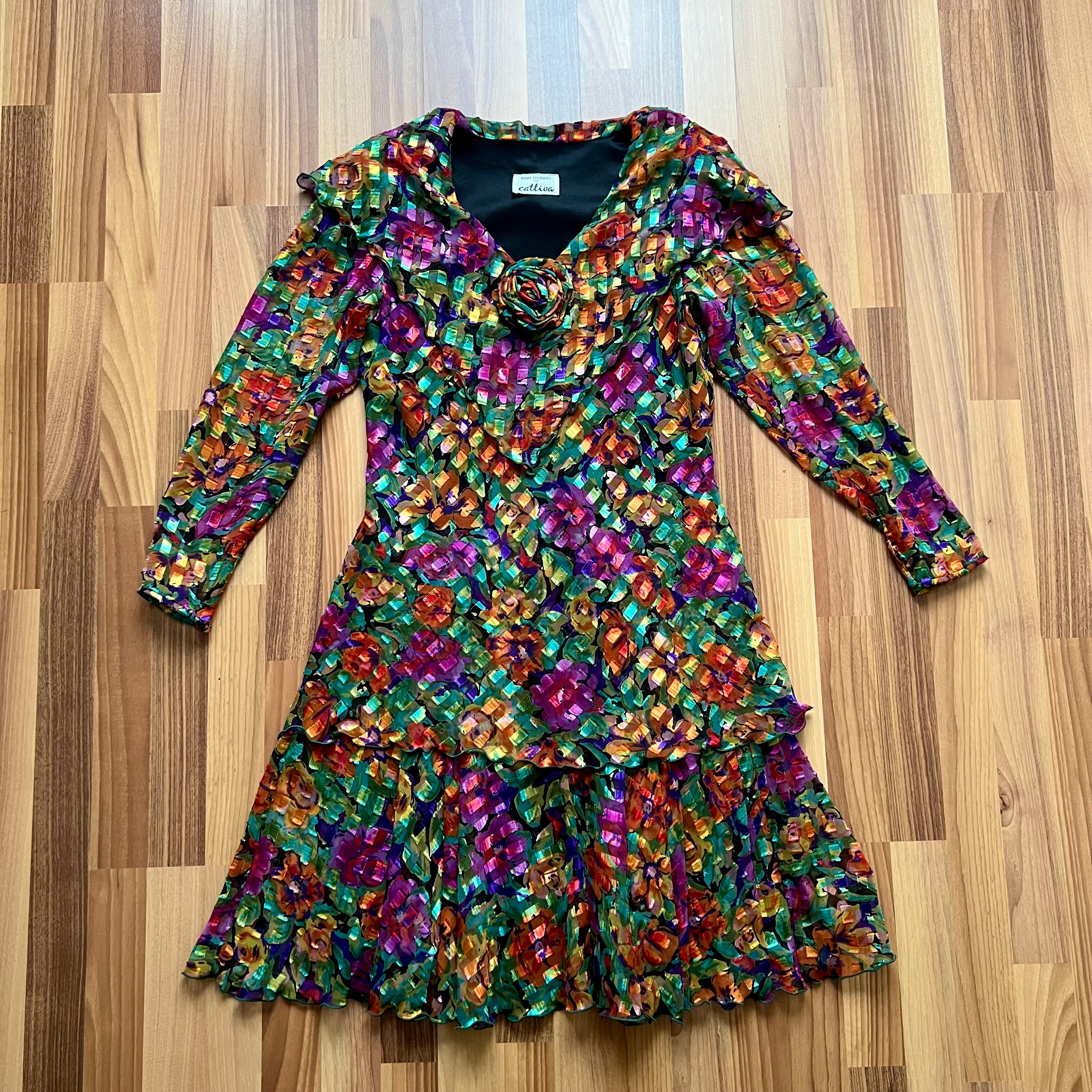 1980s Metallic Floral  Party Dress-Ruffle Hem Tiered Cocktail Dress-Long Sleeves