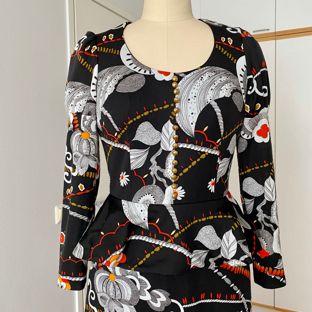 1970s Psychedelic Floral Maxi Dress-Black Vintage Peplum Waist Long Sleeves Dress