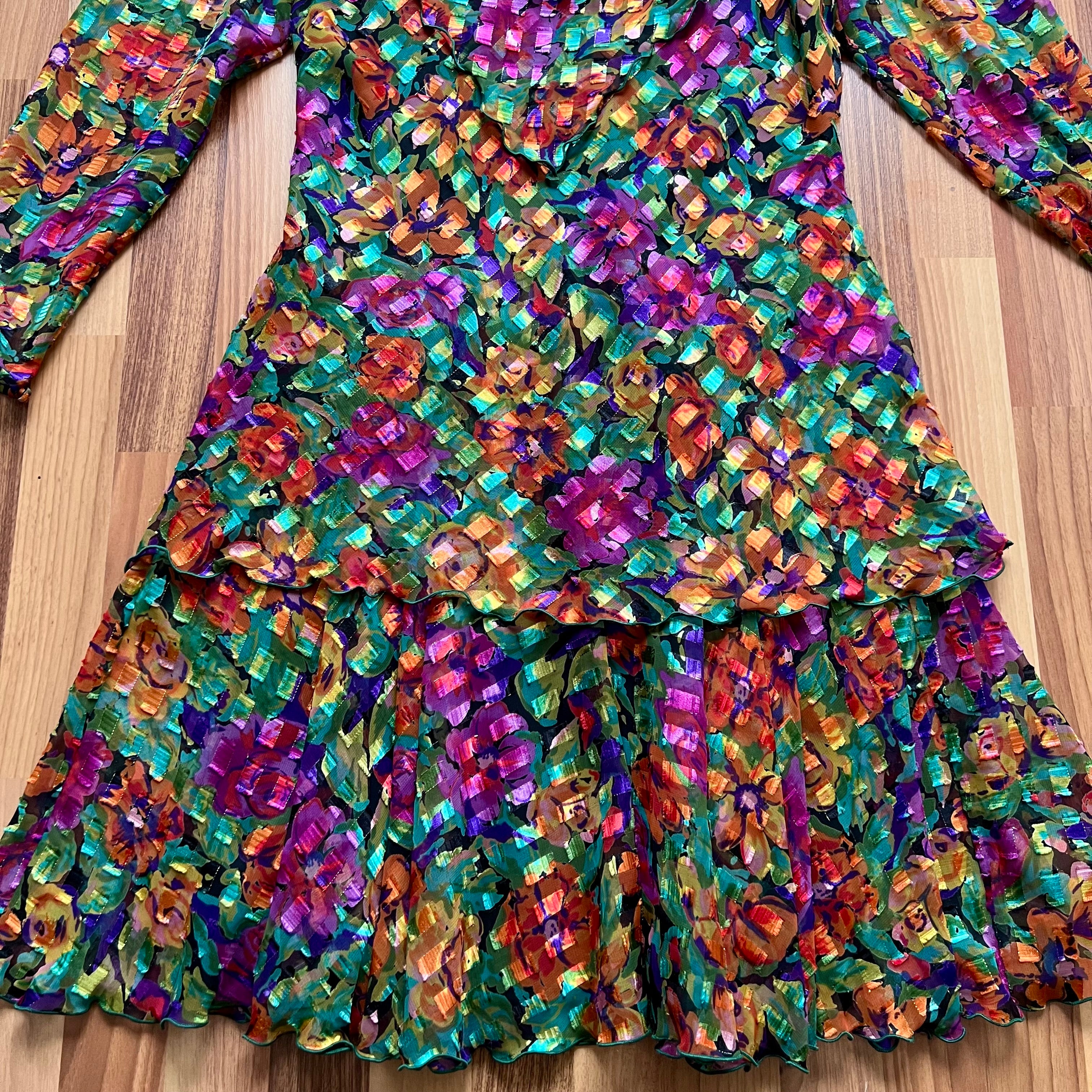 1980s Metallic Floral  Party DressRuffle Hem Tiered Cocktail Dress-Long Sleeves
