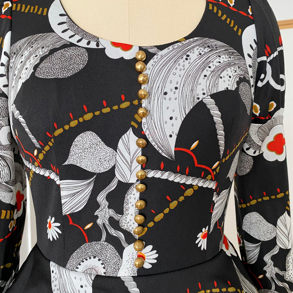 1970s Psychedelic Floral Maxi Dress-Black Vintage Peplum Waist Long Sleeves Dress