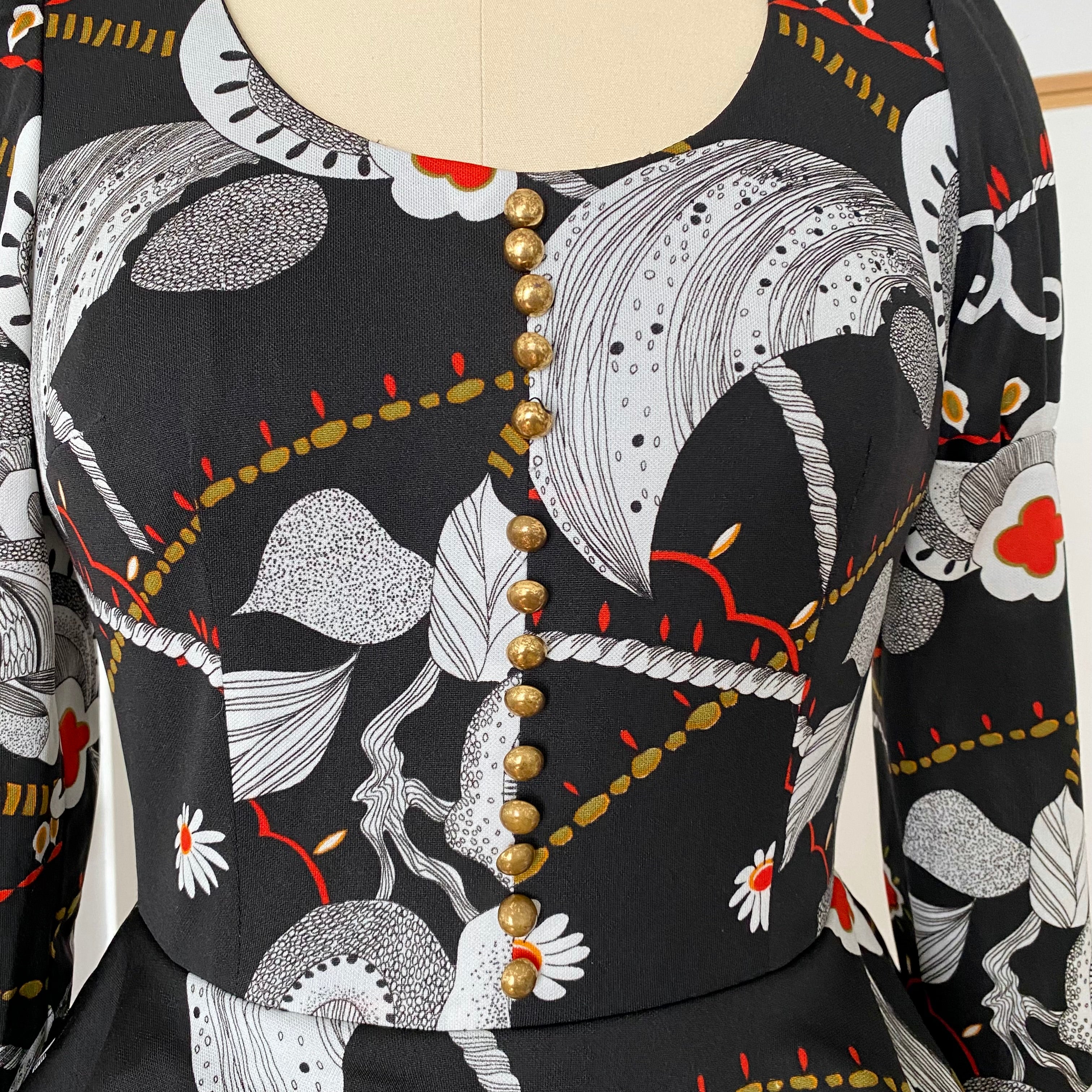 1970s Psychedelic Floral Maxi Dress-Black Vintage Peplum Waist Long Sleeves Dress