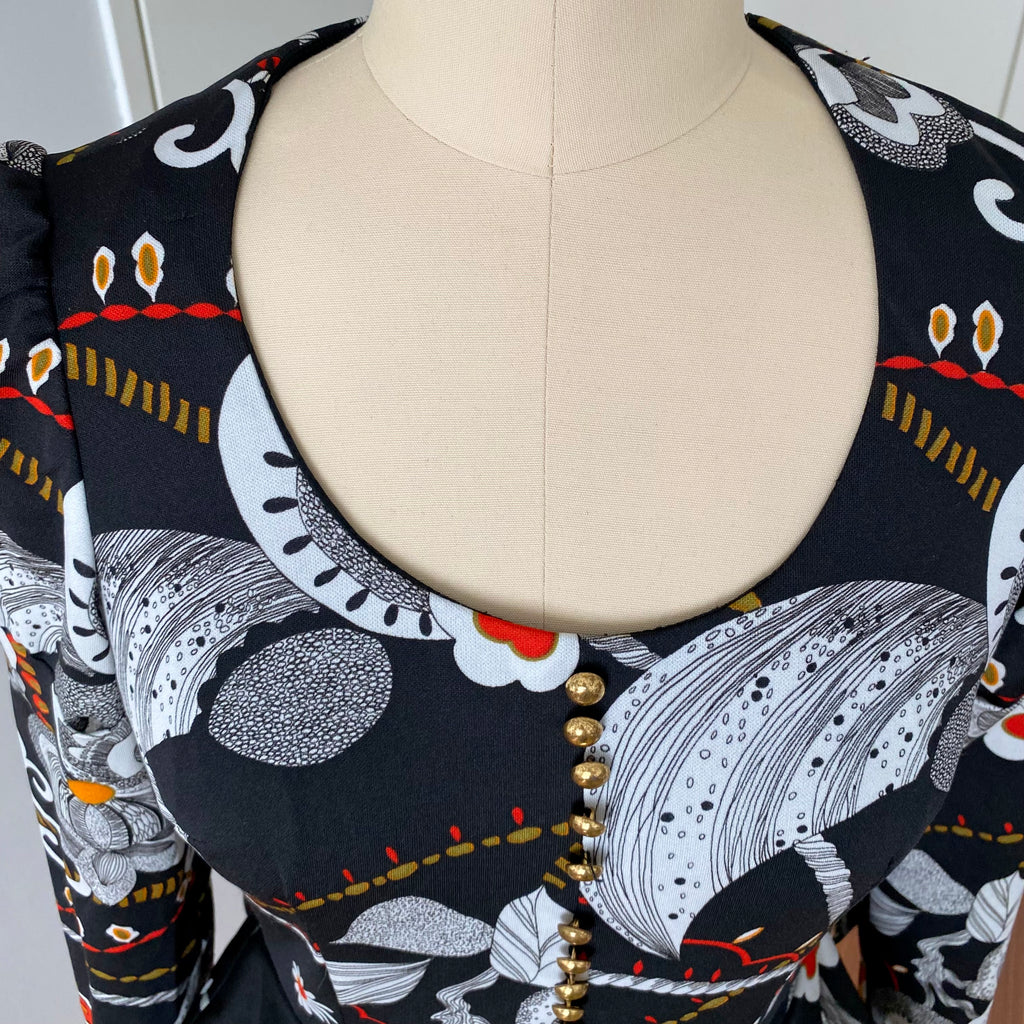 1970s Psychedelic Floral Maxi Dress-Black Vintage Peplum Waist Long Sleeves Dress